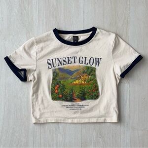 Daisy Cream and Navy Blue Scenic Vintage Crop T-Shirt